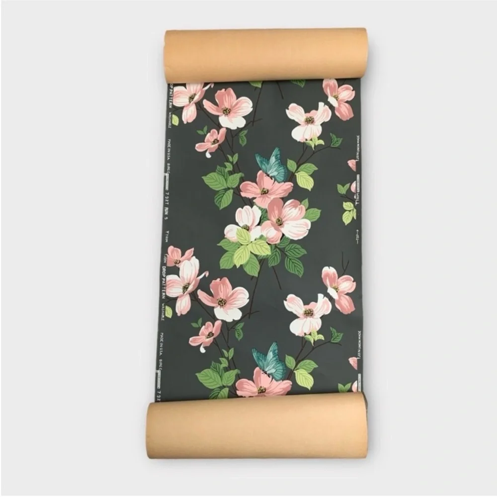 Vintage Botanical Floral Dogwood and Butterfly Birge Wallpaper from the 30s-40s